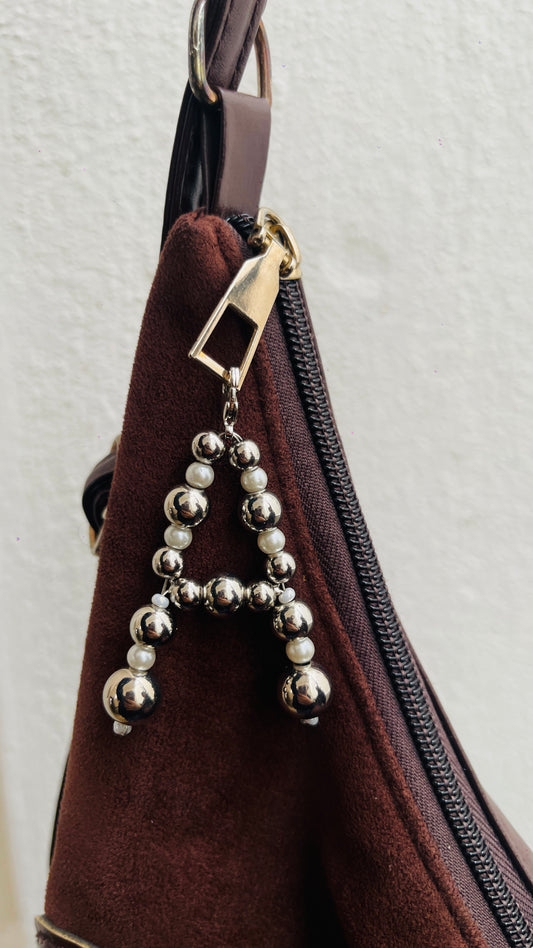 Silver Bead Initial A Bag Charm